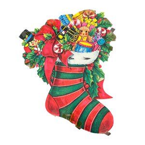 Vintage Christmas Stocking Cardboard Die Cut Toys Soldier Boy Candy Cane 14.25"